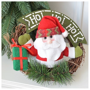 Detail of Christmas wreath with Santa plush, gift box models and HO HO HO banner on vine