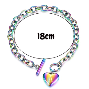 Macro view of rainbow plating chain bracelet with A-letter heart charm and OT buckle