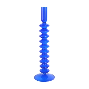 Blue glass candle holder with stacked spherical design and round base for home decor