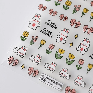 3D embossed nail stickers with cute white rabbit, tulips, and pink bows on white background