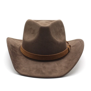 Detail of dark brown wool felt cowboy hat with leather band and metal buckle ornament