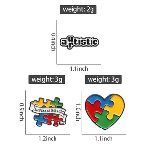 Detailed view of colorful jigsaw puzzle heart pins with sizes and weight information