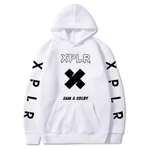 Detail of white XPLR Sam & Colby hoodie showing chest logo and sleeve print