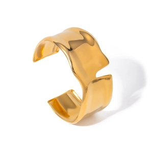 Modern gold-plated stainless steel open cuff bracelet with wavy irregular fluid design