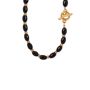 Natural Black Agate Beaded Necklace For Women Vintage Handmade Toggle Clasp Oval Bead Necklace Elegant Retro Jewelry Gift