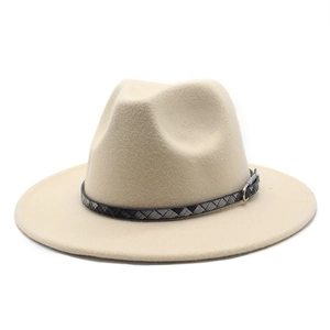 Classic wide brim fedora hat in off-white wool felt with a black braided leather band