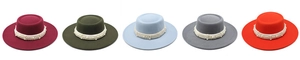 Detail view of multi-color wide brim wool fedora hats with elegant pearl band decoration