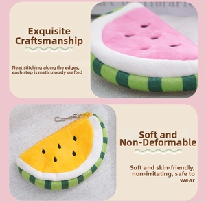 Detailed plush watermelon coin purse with metal zipper and ball chain keychain