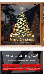 Detail view of gold Christmas tree window decals with static PVC cling features