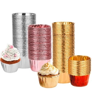 Metallic aluminum foil cupcake liners in gold, silver, rose gold and red for baking muffins