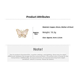 Detail of 14K gold-plated tulip butterfly brooch with zircon and shell inlay measurements