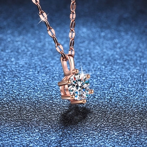 S925 sterling silver necklace with rose gold finish and six-prong moissanite pendant