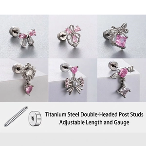 Pink Zircon Bowknot Heart Stainless Steel Screw Back Earrings Studs For Women Piercing Jewelry Dainty Small
