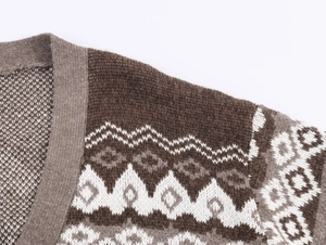 Macro shot of Nordic geometric jacquard knit pattern and V-neck detail on the cardigan