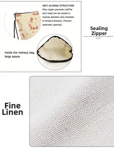 Detail view of linen Easter bunny cosmetic bag showing non-slip alloy zipper and interior