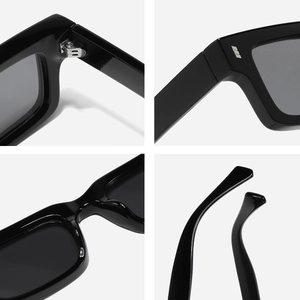 Retro-Rechteck-Sonnenbrille mit schwarzem Rahmen und silbernen Scharnierdetails in vier Ansichten
