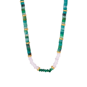 Close-up of Bohemian handmade beaded necklace with green and pink beads and gold spacers
