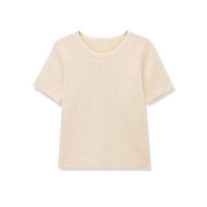 Short sleeve round neck rib-knit T-shirt in soft light beige for a slim fit