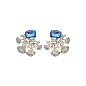 Vintage silver square blue gemstone fan earrings with shimmering pavé rhinestones