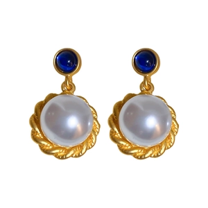 French vintage gold metal pearl earrings with elegant blue gemstone cabochons