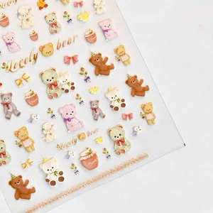 Zelfklevende 5D nagelstickers met schattige teddyberen en bloemen voor nail art