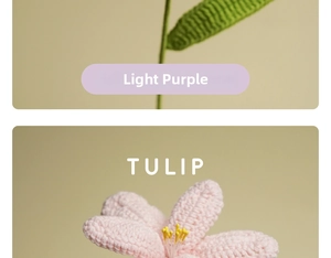 Detail of handmade crocheted tulip petals in light purple and pink colors
