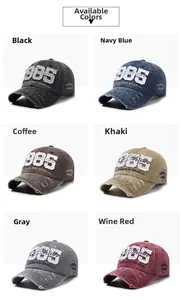 Detailed grid view showing six colors of vintage washed denim baseball caps with 1985 embroidery