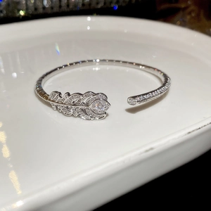 Macro detail of silver feather-shaped bangle encrusted with white cubic zirconia crystals