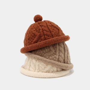 Cable Knit Beanie Hat Acrylic Warm Fleece Lined Decorative Ball Rolled Edge Japanese Style Unisex Winter