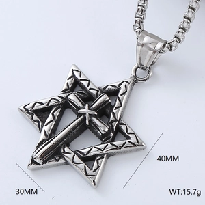 Punk style stainless steel hexagram cross pendant necklace with 30mm x 40mm dimensions