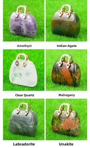 Mini handbag charms carved from natural amethyst, labradorite, and crystals with gold handles