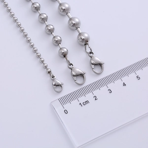 Detailed view of 3mm to 8mm stainless steel ball chain necklaces with lobster clasps
