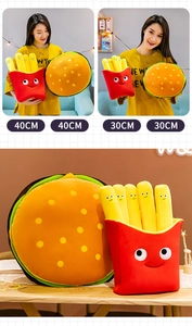 Plush burger and fries pillows showing 30cm and 40cm sizes in a home setting