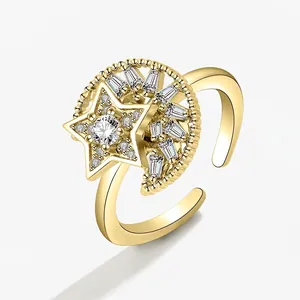 Rotating Star Moon Copper Ring For Women Inlaid Rhinestone Adjustable Open Ring Fashion Jewelry Stress Relief Finger Ring