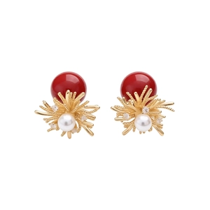 18k gold plated floral pearl stud earrings with red beads and sparkling crystals