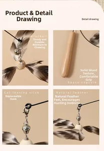 Detail view of cat teaser with solid wood handle, metal bell, and natural feather charm