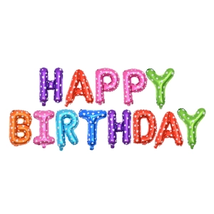 Close-up of colorful Happy Birthday foil balloons with white heart-shaped polka dots