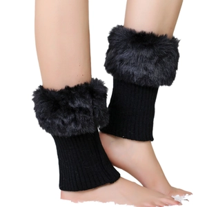 Winter plush faux fur trimmed knit leg warmers in black for stylish ankle protection