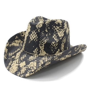 Western straw cowboy hat with beige and black snakeskin pattern and wide brim