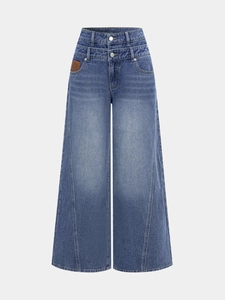 Jean Large Taille Haute Denim Pantalon Double Bouton Délavé Droit Décontracté Pour Femmes Streetwear