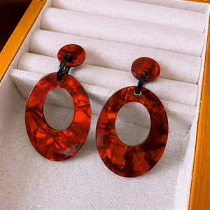 Vintage Hollow Oval Acrylic Earrings With 925 Sterling Silver Earring Post Red Tortoiseshell Geometric Fashion For Women
