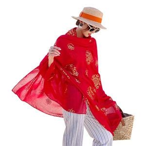 Red lightweight silk scarf with gold mandala pattern for beach sun protection
