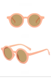 Front and side view of cute pink round frame children sunglasses with UV protection
