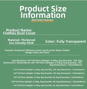 Specifications and size chart for thickened PEVA transparent garment rack dust cover