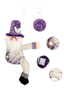 Detail display of purple sequined gnome plush with adjustable legs and velcro straps