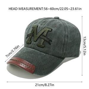 Detailed size specifications for the vintage washed cotton baseball cap with M embroidery