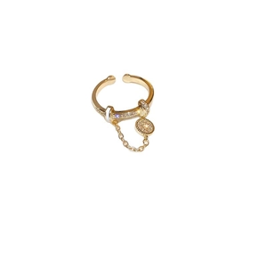 Vintage style adjustable gold ring with hanging disc charm and sparkling zircon details