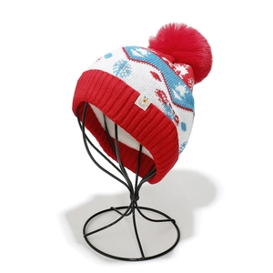 Detailed view of the red winter knit beanie featuring a pom-pom and snowflake patterns