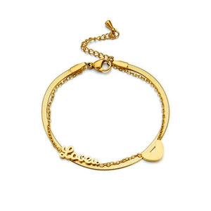 Gold double-layer chain bracelet featuring heart charm and Love letter pendant details