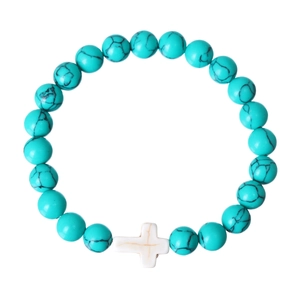 Detail of turquoise beads and white cross on the minimalist beaded bracelet for men and women